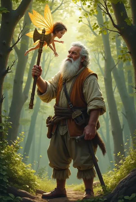 The woodcutter shakes his head, honestly refusing the golden axe. The fairy then presents a silver axe, and he again refuses, looking sincere.
