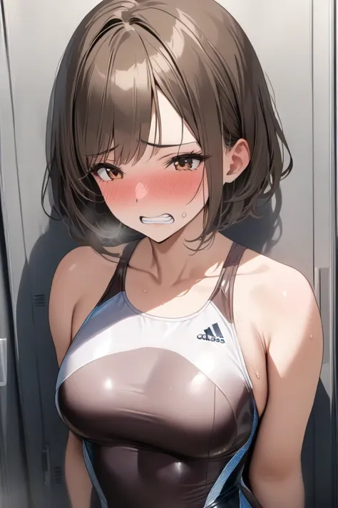 top quality, masterpiece,  Hi-Res, 8k, (1 girl), Alone, (((face shot))),   brown hair short hair, I'm scared and clench my teeth,  Locker Room, Gymnastics Leotards, milf, Blushing in shame 