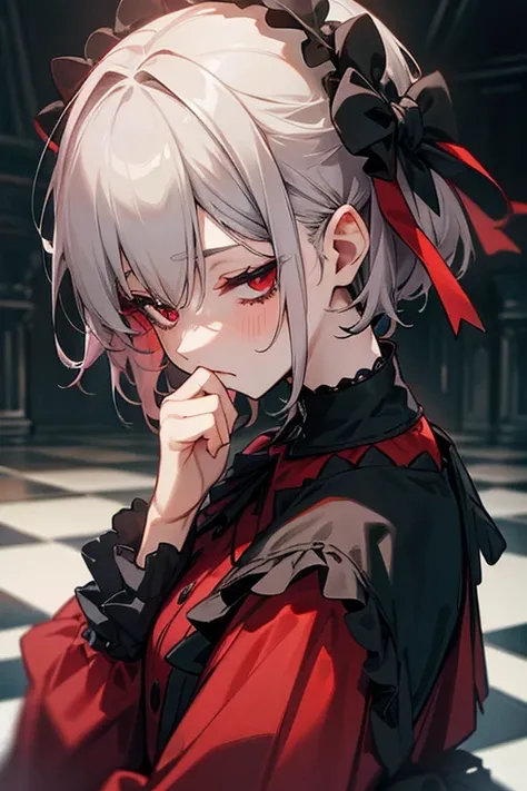   short grey hair, ,   Gothic Lolita、  punk fashion、Headbang 2.、  red clothes、((They seem to be calming down)).