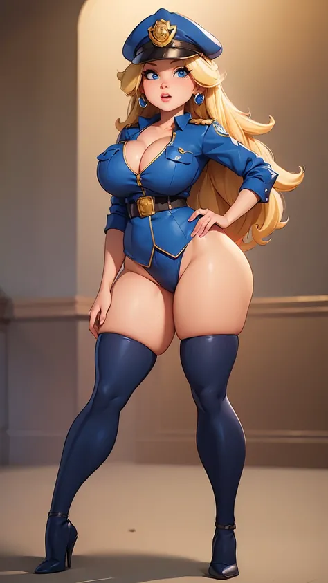 ((masterpiece)), ((best quality)), (detailed), perfect, solo, peach, beautiful woman, full lips, long hair, big breasts, cleavage, thick thighs, big ass, police outfit, full body, police, police costume, badge, police hat