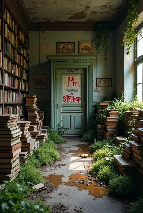  In an abandoned library with piled up books there is a puddle and a lot of things and herbs hanging from the ceiling and everything is with lots of grass and old and broken books on the floor, There is behind a broken door there is a wall with a graffiti ...