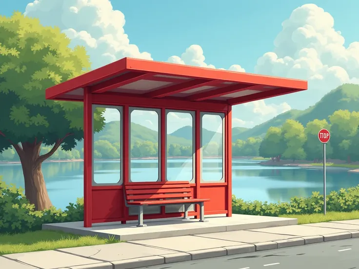 At the lake in an amusement park，A mini 、retro bus stop。Red Elements，Very simple and clean design style，Cheap ，Only the roof and columns，Very ventilated and breathable。 Overall very clean，Very new。