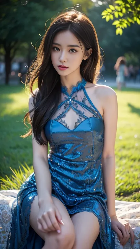 8K, UHD, MAsterpiece, best quality, 1 girl, (realistic face), happy pace, very long hair, small breasts, decorated dress, very beautiful ornaments dress, blue color, ((lace)), mesh dress, sardine, loops, in the park, depth of field, cinematic lighting, chr...