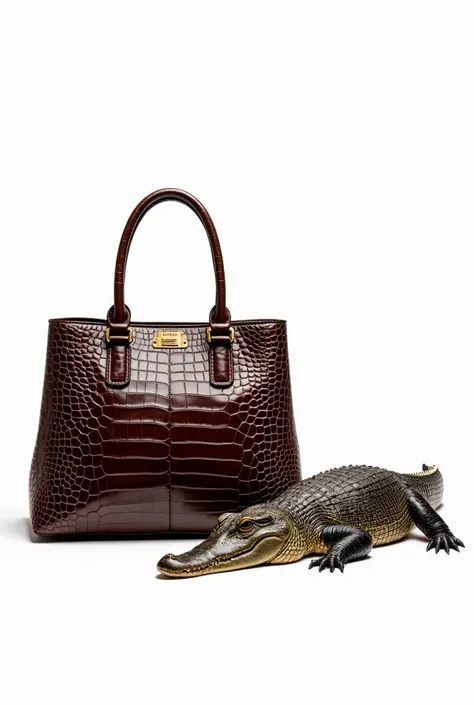 A high-end luxury handbag made from crocodile skin, featuring a refined texture, premium craftsmanship, and a structured silhouette. A small golden label engraved with 'MADARA' is elegantly attached to the front, enhancing its exclusivity. Beside it, a reg...