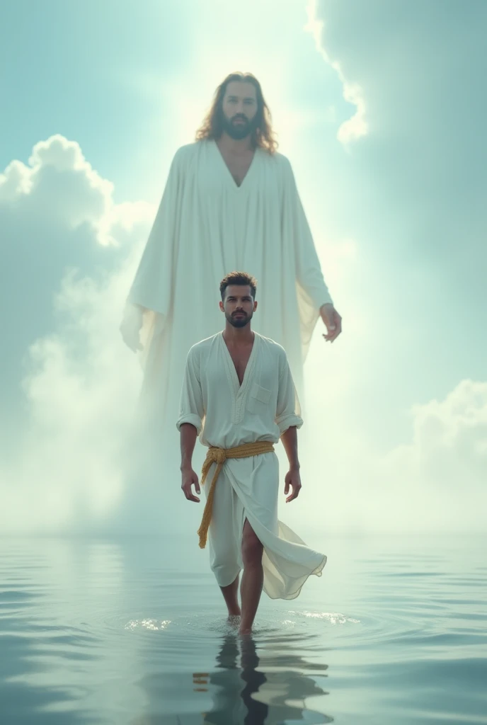 "An inspiring and celestial scene of a man dressed in a white tunic with a simple fabric belt, walking on water with serenity and confidence. His gaze conveys peace and security. Behind him, a larger and imposing figure with long hair and a flowing tunic a...