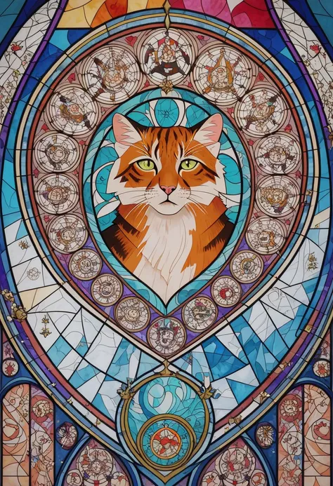 a close up of a cat with a  stained glass  background,  Detailed Paintings by Meredith Dillman ,  shutterstock, Art Nouveau,  stained glass  art, Cat Details, anthropomorphic large  Maine Coon, maxim verehin  stained glass ,  stained glass  style,  Maine C...