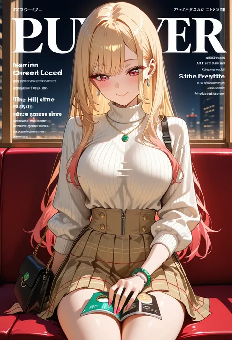 Marin Kitagawa, sitting at a warmly lit indoor café booth, sipping her iced latte through a straw while opening her purse perched on her lap, body angled diagonally so the camera sees her from the side, looking down with a slightly focused, calm face, long...