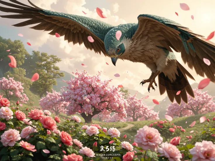 A falcon with a green body and green wings flies overlooking a rose field with many cherry blossom trees in full bloom.