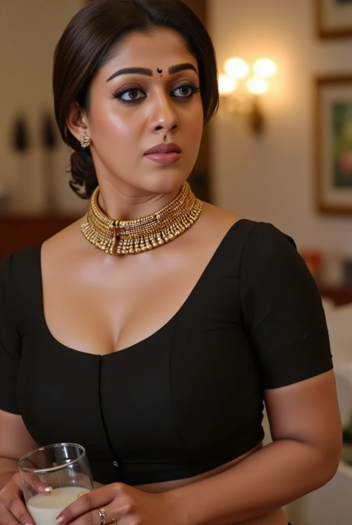 Busty woman, black designer blouse and black designer transparent saree, bedroom background,lamps in wall,picture in background,deep clevage,having milk in hand,sexy face,blue lusty eyes,navel chain, standing in bedroom,red lips, black eyeliners,black eyel...