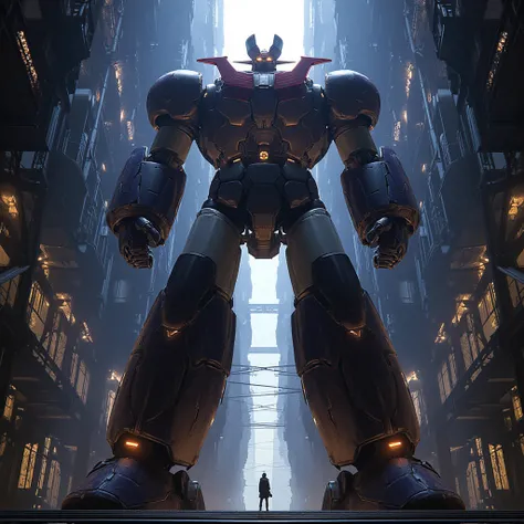  、 modified Mazinger Z standing 100 meters high in front,   towering over 100 meters in a forward leaning position .   Made with modern materials such as steel 。  ,    Carbon Fiber   ,    Other industrial elements are also visible   ,   Just like the real ...