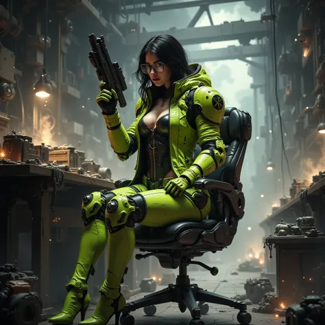 - Main Character, "Middle Eastern" Adult Woman, Beautiful, tall, long legs, Shoulder length hair, glasses

- Wearing a costume ("Full Sexy Armor").
Chest and Thigh Armor slightly open.
Wearing a Lime colored Jacket, There is a large X mark logo on the jack...