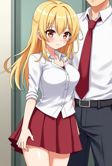 A Japanese comic girl with blond hair, big breasts, big hips, and an adult wearing a white shirt, red tie, and coat. She was ashamed to have her skirt peeled off, and covered the peeling part with her hands and said, “Ladies... everyone... don't look at it...