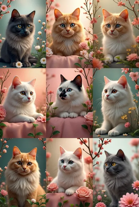  A collage of 6 images .  Hyperrealistic ,  3 d clarity of details , each has cats of different colors and races,  Decorate each with the theme of early spring . land....  Luxury luxury .  Drawings numbered from 1-6  .  The drawings combine the inscription...