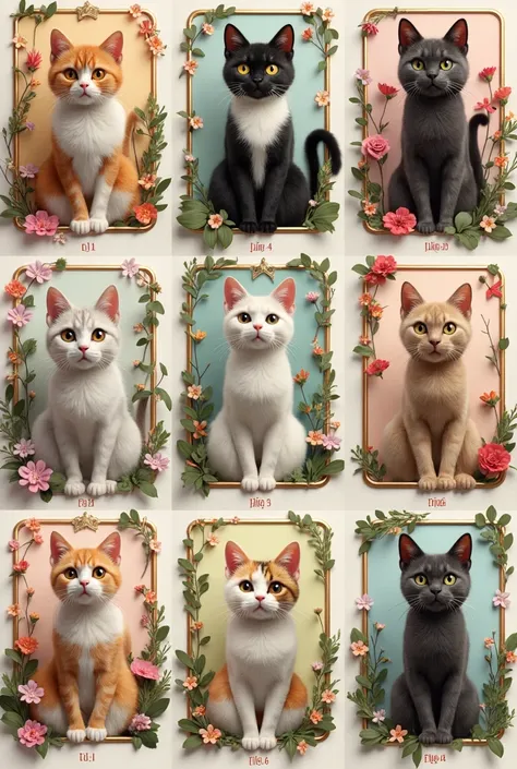  A collage of 6 images .  Hyperrealistic ,  3 d clarity of details , each has cats of different colors and races,  Decorate each with the theme of early spring . land....  Luxury luxury .  Drawings numbered from 1-6  .  The drawings combine the inscription...