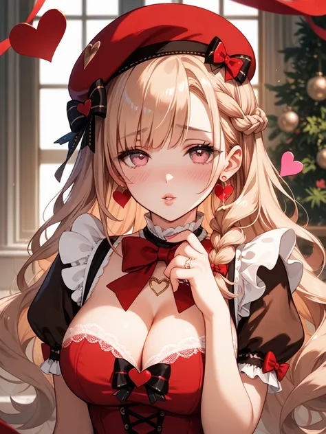 valentines day,chocolate dress,long haired girl,blushing,shy,long_hair,breasts,blush,looking_at_viewer,bangs,large_breasts,hat,eyebrows_visible_through_hair,dress,bow,cleavage,medium_breasts,jewelry,braid,short_sleeves,heart,detached_sleeves,earrings,parte...