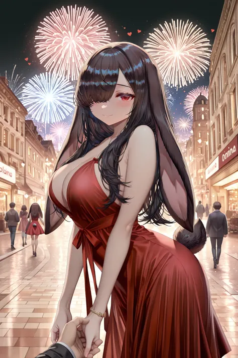 rei \(sanbonzakura\), torino aqua, suou (sdurorhr), 1female, Kuroki Monika, lop-eared rabbit girl, black rabbit ears, long drooping rabbit ears, black rabbit tail, red eyes, hair over right eye, black hair, large breasts, high fashion, intricate red dress,...