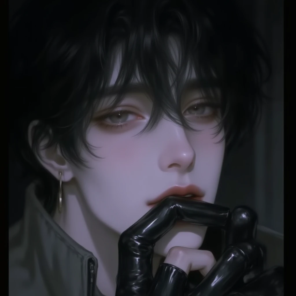   final  , 20 years old ,   thin eyebrows and small eyes  , ( black hair), ( has short hair ) , ( dark eyes), ( beautiful dark eyes ), (He doesn't have a few wrinkles ,   don't show his underwear  ,
 Boy with black hair  .  he has to wear leather gloves  ....