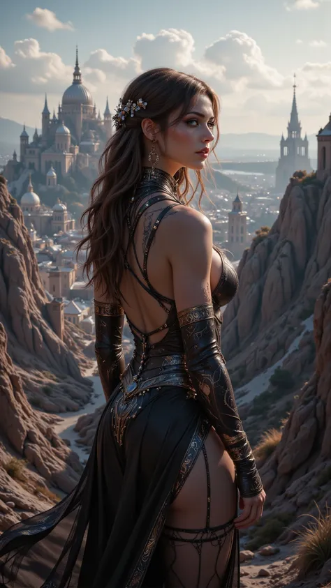  capturing the essence of a female warrior wearing futuristic fashion clothing，Standing on a hilltop ， The backdrop is a vast medieval cityscape ， of outstanding quality and fine detail 。