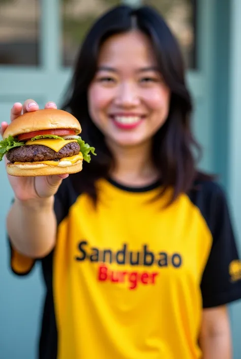 A woman wearing a yellow and black t-shirt written Sandubao Burguer holding a hamburger and smiling 