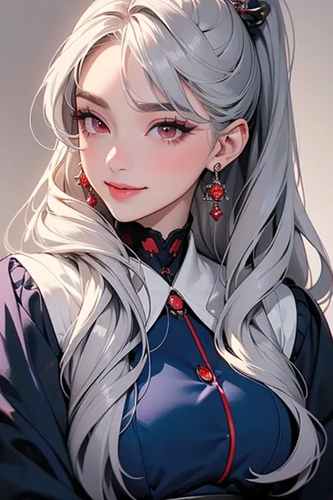 (  top quality,   masterpiece:1.2), (  Hi-Res, 最高  masterpiece).(difficult).  very well detailed,  By Mr. Nomi:1.37,   fantasy,   Illustration of ,  gray hair、   Red Eyes 、  queen,   navy blue dress、  beautiful、 Eye Shadow Red   、 Thick eyebrows、long eyela...