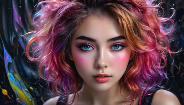 Beautiful and colorful woman:  21-year-old woman,  messy hair ,  oil painting,  beautiful and perfect face with soft skin ,  s ,  clear eyes,  greenish pink cores ,  clear and violet magnetic additions ,  light red additions , cosplay, using various costum...