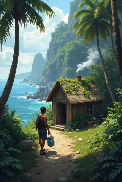 "He collected wood from the forest and built a small hut. Now he is trying to survive on the island by himself, slowly getting used to life here."