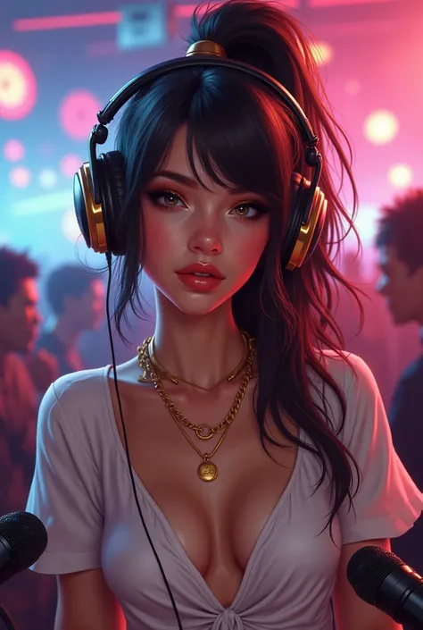 3D and airbrush art: vibrant music world. A young woman with long, shaggy hair tied in a ponytail who is attractive. Her lips and eyes are a copper shade. She has applied heavy makeup and kohl eyes. She has headphones on, and there are microphones in front...