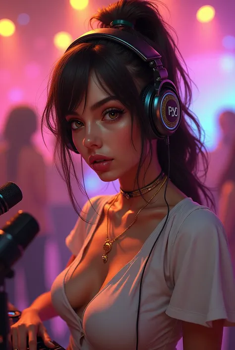 3D and airbrush art: vibrant music world. A young woman with long, shaggy hair tied in a ponytail who is attractive. Her lips and eyes are a copper shade. She has applied heavy makeup and kohl eyes. She has headphones on, and there are microphones in front...