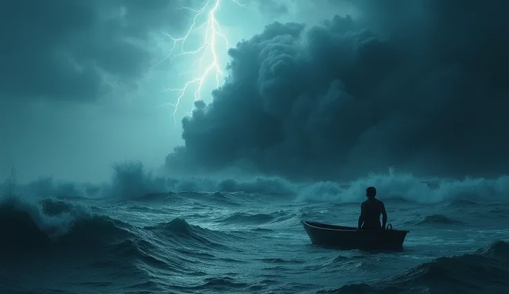 "A dramatic scene in the middle of the Atlantic Ocean. A lone man is stranded in a small boat, looking terrified as he stares at a massive, towering wave approaching him. The sky is dark and stormy, with lightning flashing in the distance, creating an eeri...