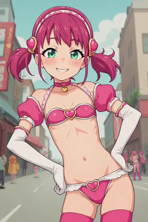 (best quality,ultra-detailed,anime screencap:1.37), cowboy shot, haramasenger pink, dark pink hair, medium hair, low twintails, green eyes, small breasts, smile, hands on own hip,
hp costume, strapless bikini top only, pink bikini top only, midriff, navel,...