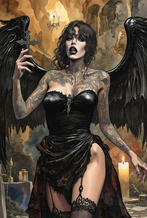 A surreal, dark fantasy-themed scene, in a Milo Manara's acrilic style, featuring a sexy nu-gothic vampiress. She has intricate tattoos winding across her pale skin, glossy black lipstick, and long stiletto nails that gleam in the dim light. Holding a cros...