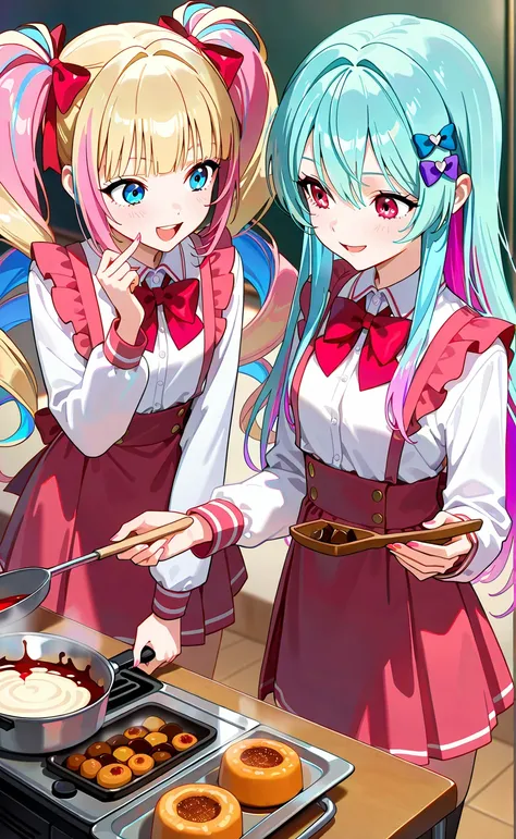 2girls,blood Beauty、multicolored_hair,blonde_hair,pink_hair,bow,blue_hair,hair_bow,school_uniform、cooking_chocolate