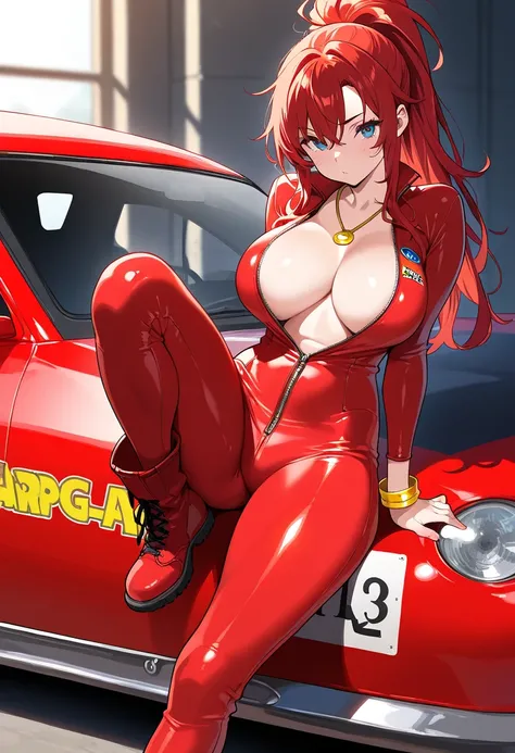 (NSFW, masterpiece, best quality, amazing quality, very aesthetic\), \(Garage Area\), 1girl, \(solo, long ponytail, red hair, red eyes, big breasts, blue eyes, yellow necklaces, yellow bracelets, red nazcar firesuit with yellow details, Red boots\)