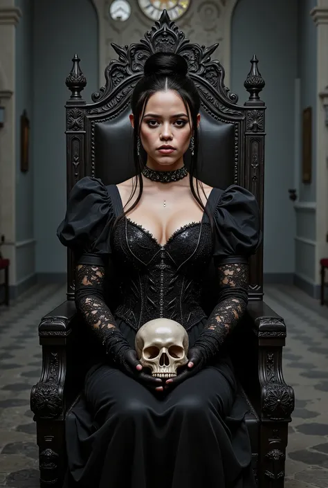 Create a high-quality, realistic photo of Jenna Ortega, accurately depicting her features with precise skin texture. A love that transcends time, High Quality Image, uncensored, 1 Girl, solo, beautiful woman, queen of the night, empress of darkness, long b...