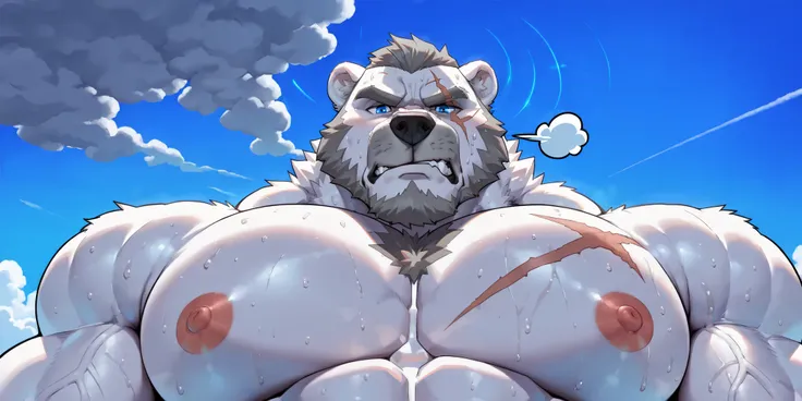 score_7_up, score_8, score_9, correct anatomy, detailed eyes, high resolution, hyper-detailed,
((solo)), male, white fur, polar bear, 
((massive size difference)), ((10 feet tall)), muscle, massive, big muscle, massive muscle, dominant, rough, abs, eight p...