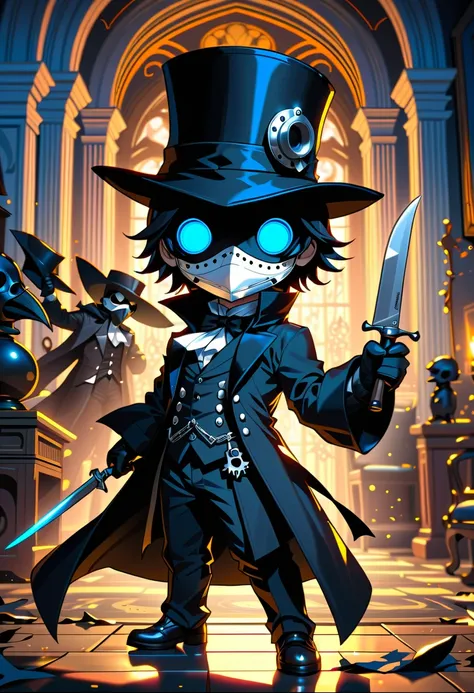 (masterpiece, best quality),(ultra highres, ultra-detailed),popart,chibi,chibi-boy,solo ,he holds a knife,at medival gorgeous mansion,BREAK (male butler,(wearing plague-doctor costume,plague-doctor mask),eyes glow blue,black hat,black butler suit, gloves),...