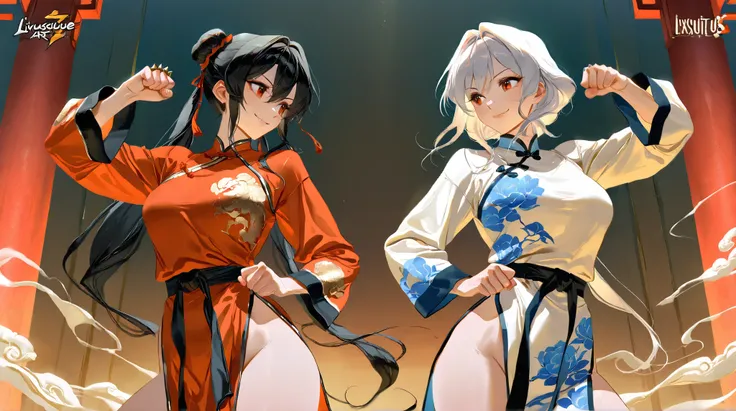 (( top quality)),(  ultra high resolution),(  very detailed),(  Detailed Explanation ),((  best CG  )),(  BEST ARTWORK  ), Ultra-precise art,  Amazing Painting Art,(Exquisite art:1.5), Two female martial artists staring at each other,  Beautiful Well-Dress...