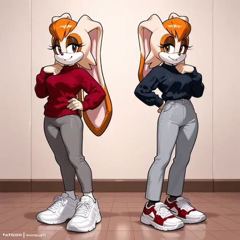 Vanilla The Rabbit, a woman standing in the middle of a gym looking healthy and happy, multiple girls, 2girls, pants, grey pants, shoes, sweater