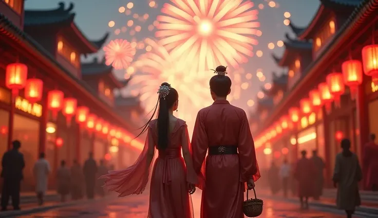 A bustling ancient Chinese town during a festival, glowing with red lanterns. Bai Suzhen and Xu Xian stroll together, their eyes full of love. She wears a delicate silver hairpin, while he carries a small medicine basket. Fireworks burst in the sky behind ...