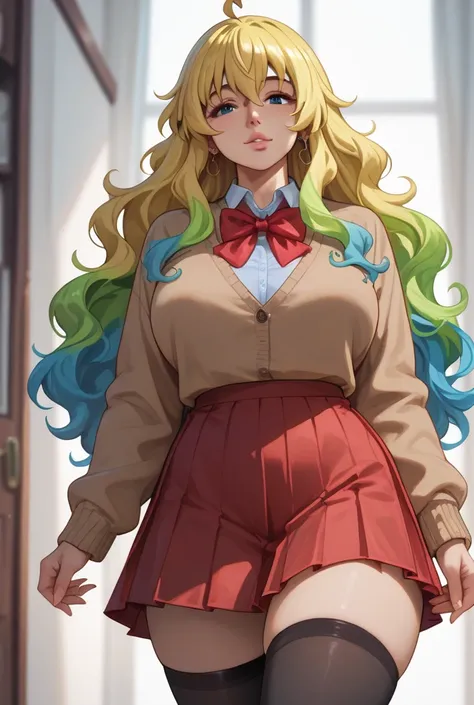 perfect body, nice body, curvy, Lucoa_Quetzalcoatl, blonde hair, multicolored hair, heterochromia, blue eyes, red bowtie, brown cardigan, red skirt, pleated skirt, micro miniskirt, black thighhighs