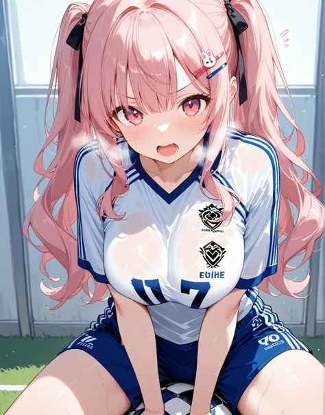  score_9,  score_8_ up,  score_7_ up, ( Masterpiece,  top quality:1.5),  1 girl,、 ultra high resolution,  1 girl、, I'm panting while screaming、 Rough Breathing、 heavy breathing、 breasts are big、 wavy hair、 hairpins、 Shining Skin、 soccer uniform、sweat、Kicki...