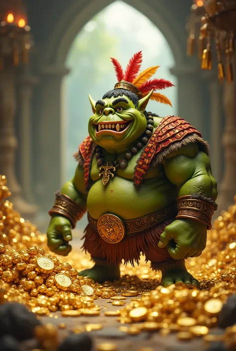 Photo of a funny orc next to a pile of gold coins