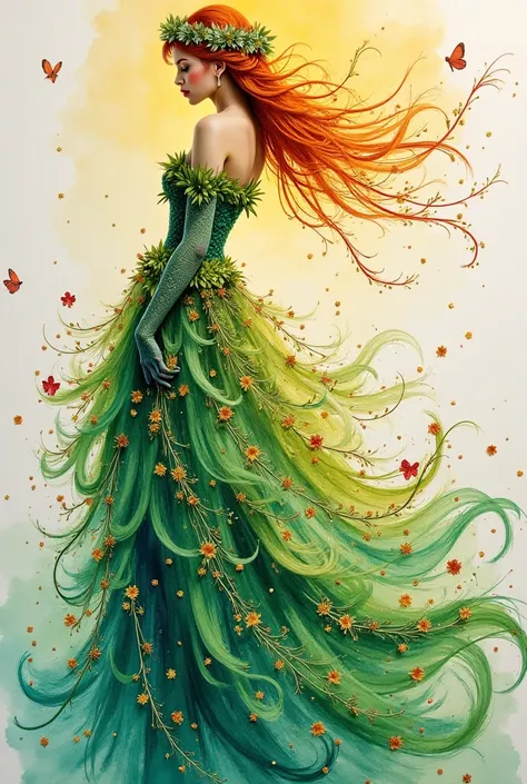 Vibrant spring goddess, watercolor masterpiece, wet on wet technique, intricate ink details, lush green accents, golden shimmering lines, flowing gown with ethereal glow, rich floral patterns, breathtaking and elegant, inspired by nature, in the styles of ...