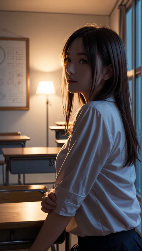 In the classroom at sunset、体操服とスパッツ姿のlikeい日本人女子生徒2人が抱き合っています,   dramatic lights , Cinematic composition,  vibrant colors,  romantic atmosphere, like々Shii, bid,  soft focus, delicate, Intimate,  masterpiece