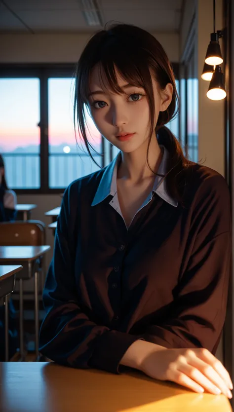 In the classroom at sunset、体操服とスパッツ姿のlikeい日本人女子生徒2人が抱き合っています,   dramatic lights , Cinematic composition,  vibrant colors,  romantic atmosphere, like々Shii, bid,  soft focus, delicate, Intimate,  masterpiece