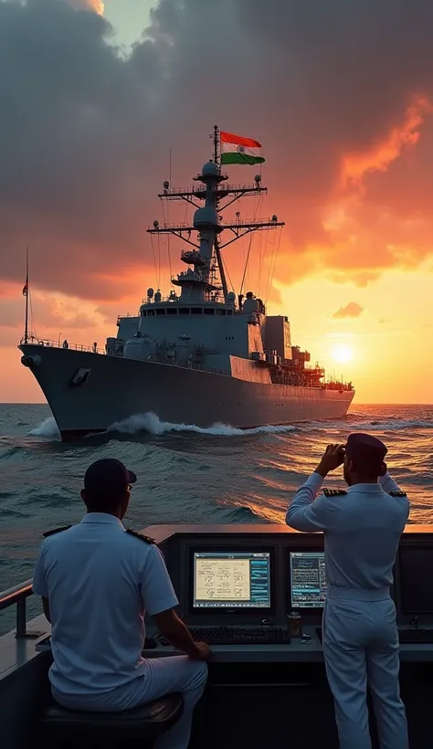 "A dramatic scene of an Indian Navy warship, INS Rajput, patrolling the waters near Visakhapatnam at dusk. The destroyer is painted in navy grey with a large Indian flag waving from its mast, symbolizing strength and readiness. Officers in white Indian Nav...