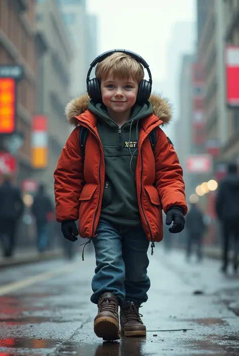 The boy is wearing an headset with a big jacket walking on the street 