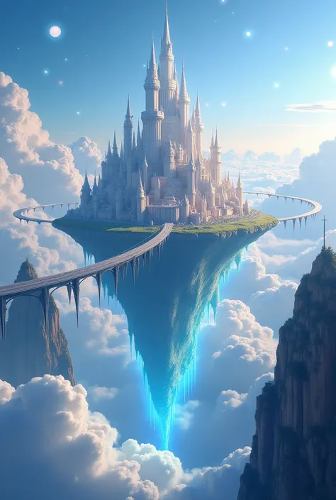 "A kingdom suspended in mid-air, surrounded by clouds and glowing orbs of light, drifts peacefully across a vast, empty sky. Floating bridges connect towering castles made of translucent stone, shimmering like a dream. Below, the world is but a distant mem...