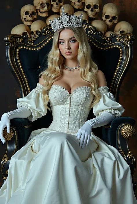 This is a hThis is a highly detailed, high-resolution photograph featuring am evil witch seated on a grand, ornate throne. She is dressed in a lavish, white, long-sleeved, corset-style gown with intricate lace detailing. The corset accentuates her ample cl...