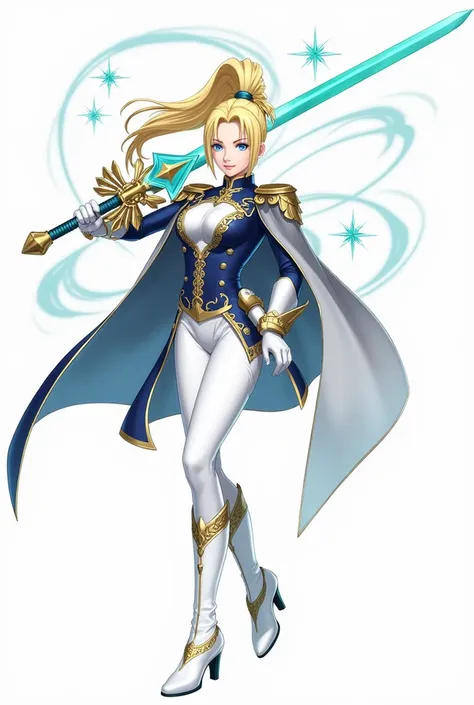 The character has blonde hair tied into a high ponytail and determined blue eyes. She wears a navy blue and white military-style outfit adorned with gold details, including a fitted jacket with intricate embroidery and a flowing cape. Her white leggings fe...